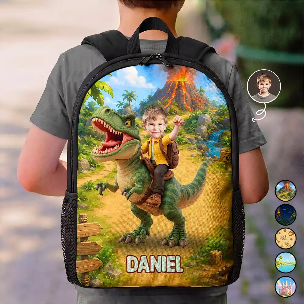 Top Market, Adorable, Back To School, Custom Photo, Gift For Kids, Cut-Face Photo - Custom Photo Adorable Kid Riding Dinosaur Flamingo Unicorn - Personalized Kids Backpack