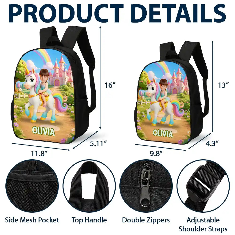 Top Market, Adorable, Back To School, Custom Photo, Gift For Kids, Cut-Face Photo - Custom Photo Adorable Kid Riding Dinosaur Flamingo Unicorn - Personalized Kids Backpack