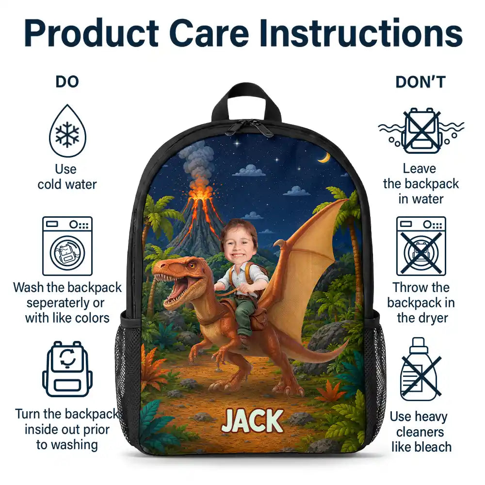 Top Market, Adorable, Back To School, Custom Photo, Gift For Kids, Cut-Face Photo - Custom Photo Adorable Kid Riding Dinosaur Flamingo Unicorn - Personalized Kids Backpack