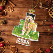 Pet Lovers, Family, Custom Photo, Happy - Custom Photo Album Style Christmas Tree - Personalized Holographic Acrylic Ornament