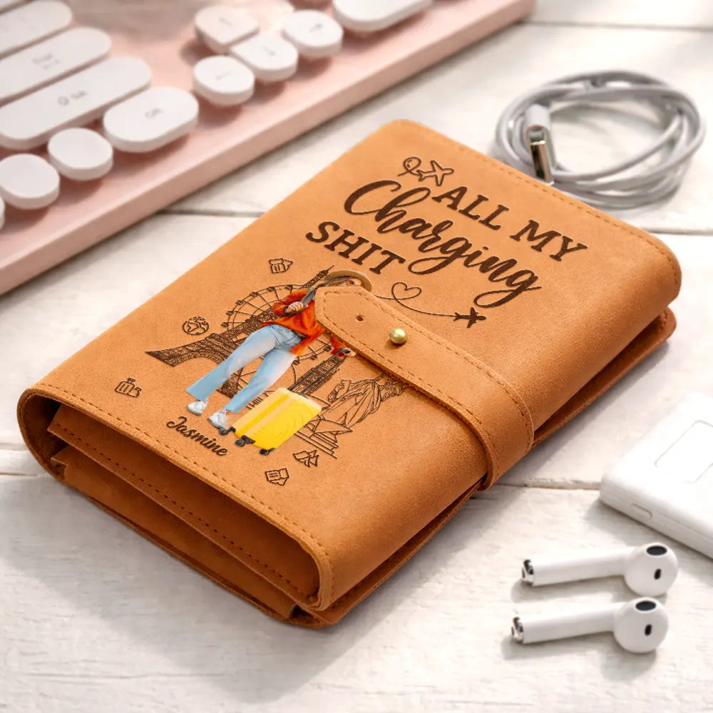 Gift For Yourself,Gift For Women,Gift For Men,Travel,Happy,Custom Photo - Custom Photo All My Charging Sh*t - Personalized Leather Cable Bag