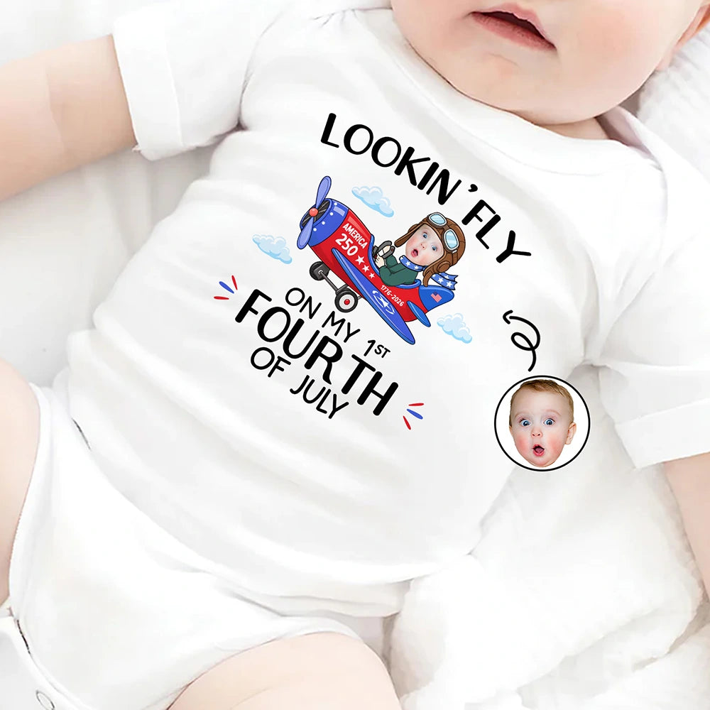 Gift For Kids,Gift For Grandkids,New baby,America 250th,Photo,Playful - Custom Photo America 250 Lookin' Fly Baby - Personalized Baby Onesie