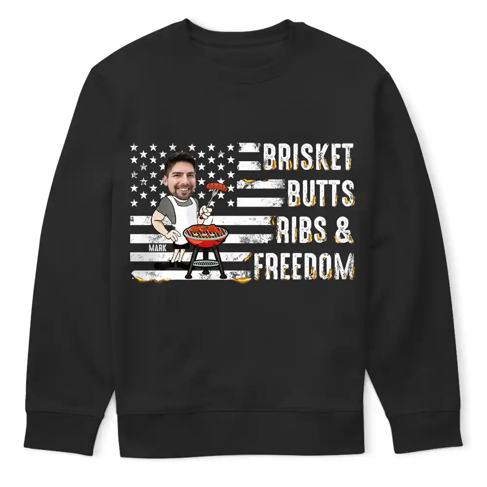 Gift For Yourself,Gift For Men,Gift For Husband,Gift For Boyfriend,Grandpa's Hobby,Gift For Father,Gift For Grandpa,Dad's Hobby,Grilling,Independence Day,Happy,Photo,Icon,Humorous - Custom Photo American Flag Brisket Butts Ribs Freedom - Personalized T Shirt