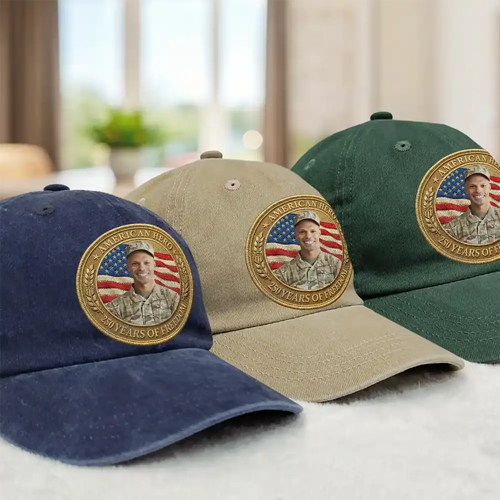 America 250th,Custom Photo,Independence Day,Family,Proud,Remove BG Photo - Custom Photo American Hero 250 Years Of Freedom - Personalized Vintage Washed Denim Cap
