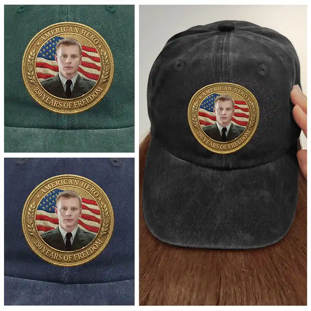 America 250th,Custom Photo,Independence Day,Family,Proud,Remove BG Photo - Custom Photo American Hero 250 Years Of Freedom - Personalized Vintage Washed Denim Cap
