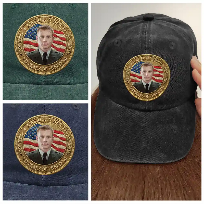 America 250th,Custom Photo,Independence Day,Family,Proud,Remove BG Photo - Custom Photo American Hero 250 Years Of Freedom - Personalized Vintage Washed Denim Cap