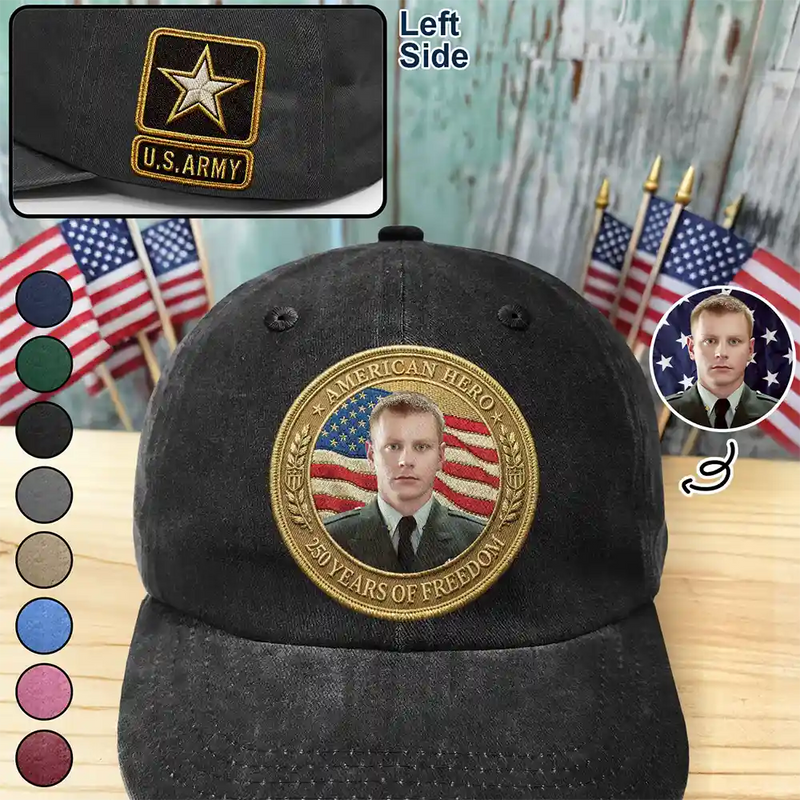 America 250th,Custom Photo,Independence Day,Family,Proud,Remove BG Photo - Custom Photo American Hero 250 Years Of Freedom - Personalized Vintage Washed Denim Cap