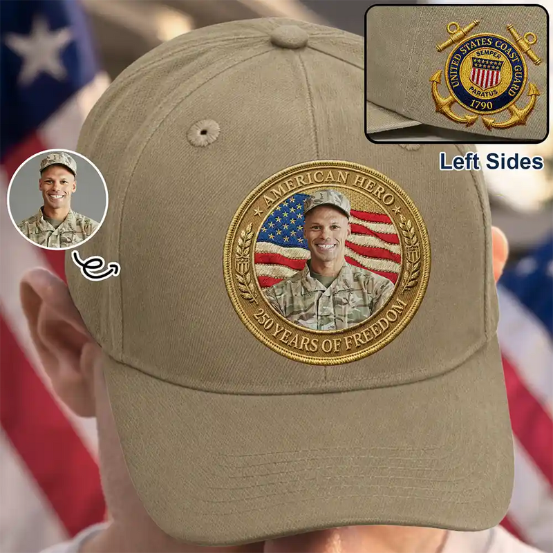 America 250th,Custom Photo,Independence Day,Family,Proud,Remove BG Photo - Custom Photo American Hero 250 Years Of Freedom - Personalized Vintage Washed Denim Cap
