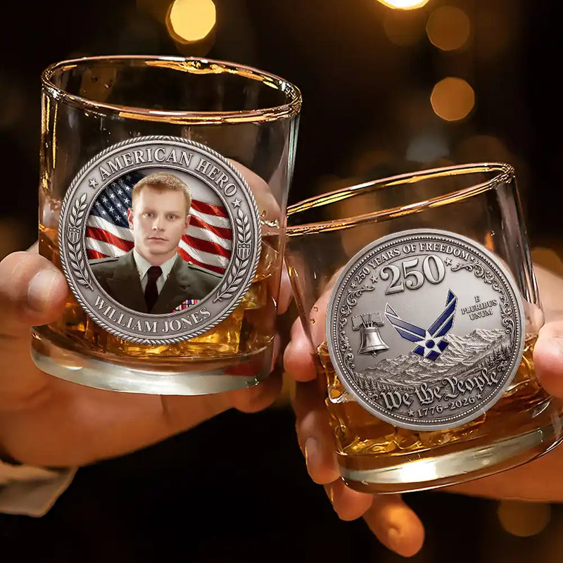 America 250th,Custom Photo,Independence Day,Family,Proud,Remove BG Photo - Custom Photo American Hero 250 Years Of Freedom - Personalized Whiskey Glass