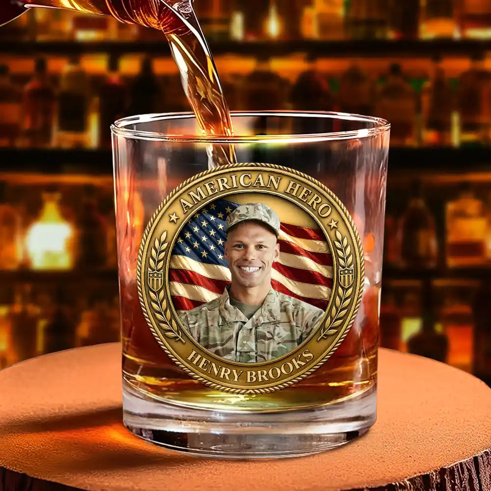 America 250th,Custom Photo,Independence Day,Family,Proud,Remove BG Photo - Custom Photo American Hero 250 Years Of Freedom - Personalized Whiskey Glass