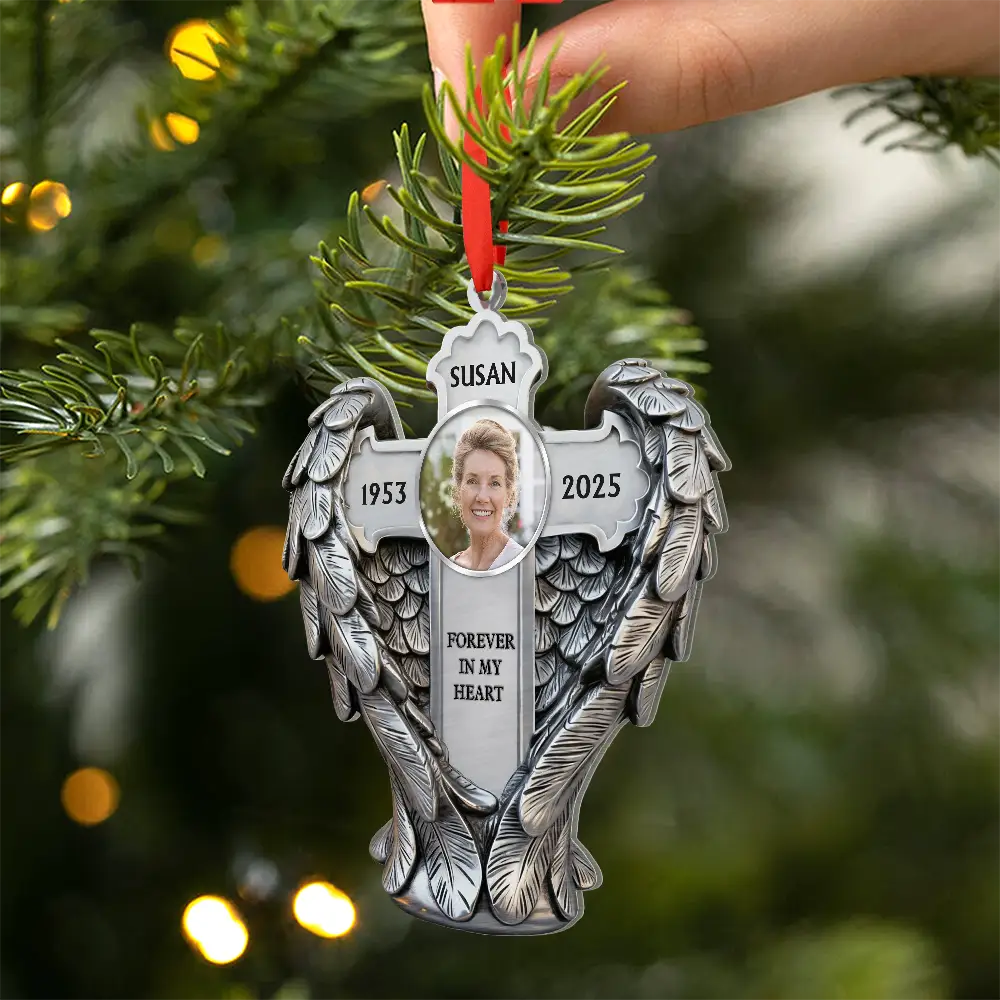 Christian, Family, Memorial, Christmas - Custom Photo Angel Wings Are Always With You - Personalized Metal Ornament
