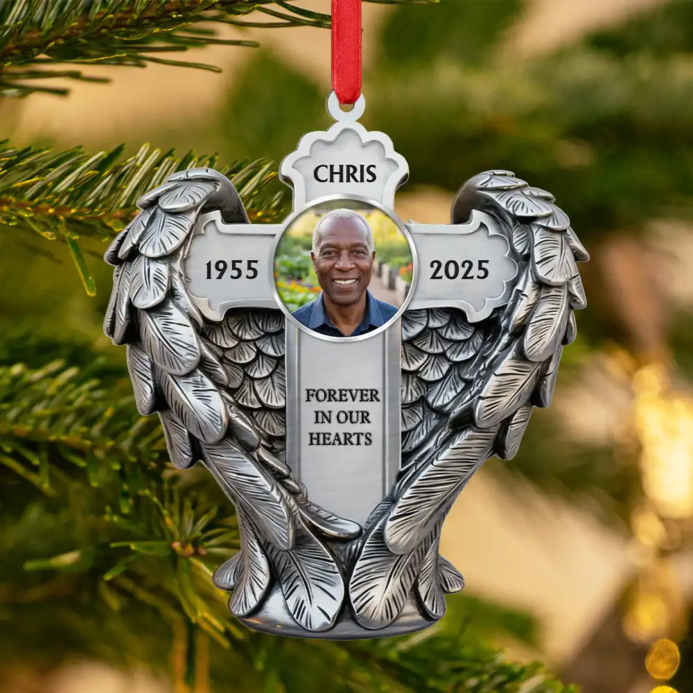 Christian, Family, Memorial, Christmas - Custom Photo Angel Wings Are Always With You - Personalized Metal Ornament