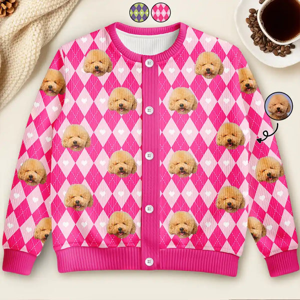 Funny, Christmas, Dog Lovers, Pet Lovers, Cat Lovers, Custom Photo - Custom Photo Argyle Plaid Pet Face - Personalized Cardigan