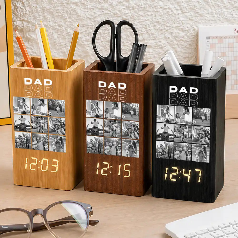 Gift For Father,Custom Photo,Sentimental,Upload Full Photo - Custom Photo B&W Daddy Father Motivation Gift - Personalized Pen Holder With Clock