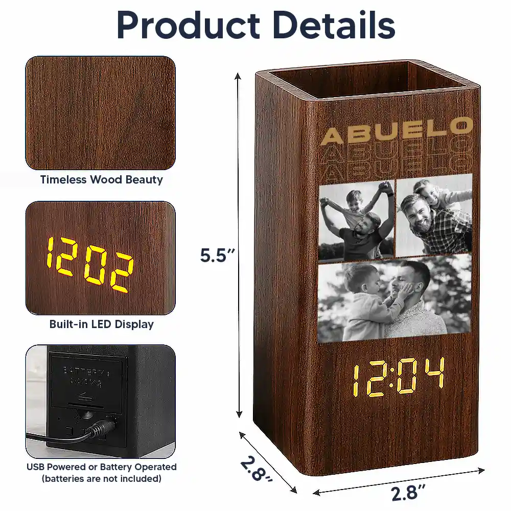 Gift For Father,Custom Photo,Sentimental,Upload Full Photo - Custom Photo B&W Daddy Father Motivation Gift - Personalized Pen Holder With Clock