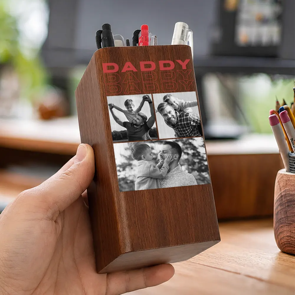 Gift For Father,Custom Photo,Sentimental,Upload Full Photo - Custom Photo B&W Daddy Father Motivation Gift - Personalized Pen Holder With Clock