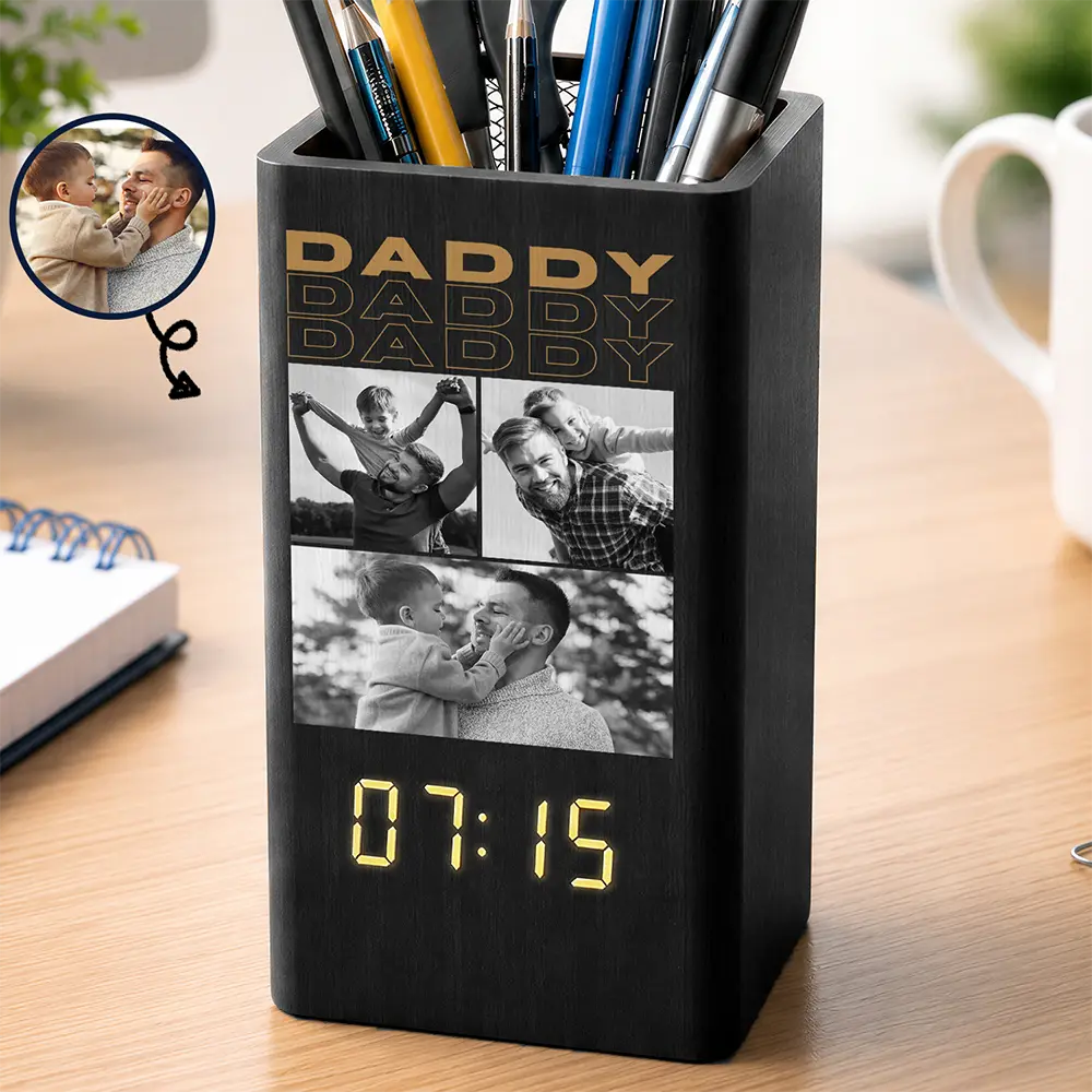 Gift For Father,Custom Photo,Sentimental,Upload Full Photo - Custom Photo B&W Daddy Father Motivation Gift - Personalized Pen Holder With Clock