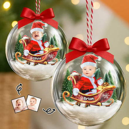 Custom Photo Baby And Kid In Sleigh - Personalized 3D Acrylic Ball Ornament