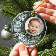 Custom Photo Baby First Christmas Information Icon - Personalized Circle Glass Ornament