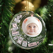 Custom Photo Baby First Christmas Information Icon - Personalized Circle Glass Ornament