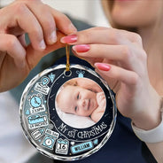Custom Photo Baby First Christmas Information Icon - Personalized Circle Glass Ornament