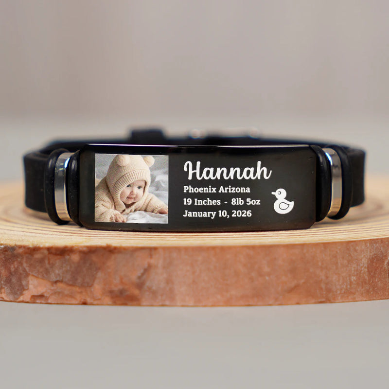 Custom Photo,New Dad,New Mom,New baby,Gift For Father,Happy,Non-Eng,Photo - Custom Photo Baby Newborn Information - Personalized Engraved Bracelet