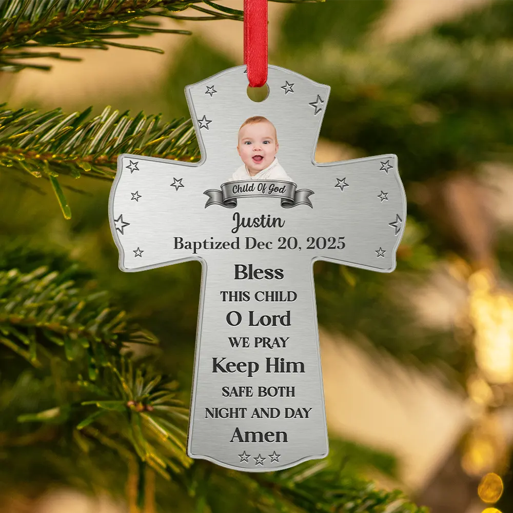 Christmas, New baby - Custom Photo Baptism Cross God Bless This Child - Personalized Metal Ornament
