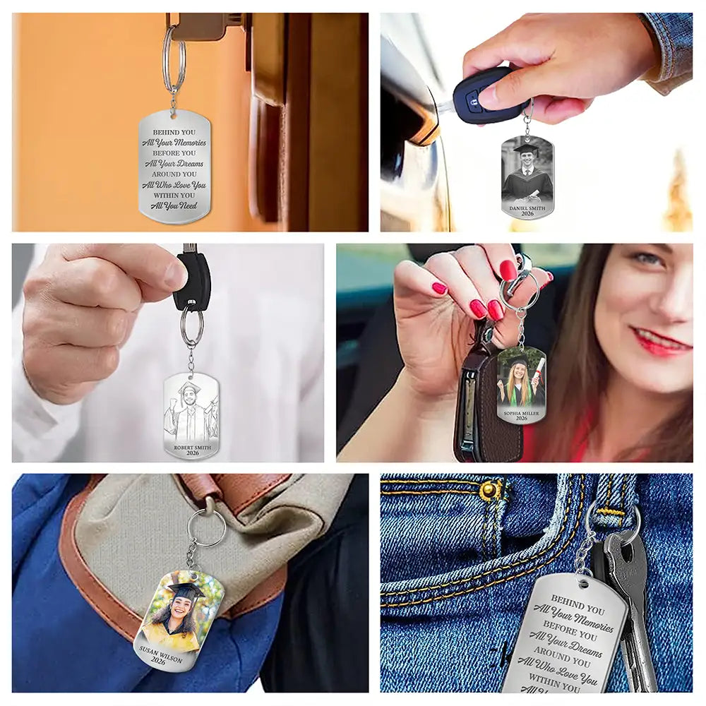 Gift For Yourself,Graduation,Gift For Women,Gift For Men,Gift For Daughter,Gift For Son,Gift For Bestie,Photo,Proud - Custom Photo Behind You All Memories Congrats Grad - Personalized Aluminum Keychain