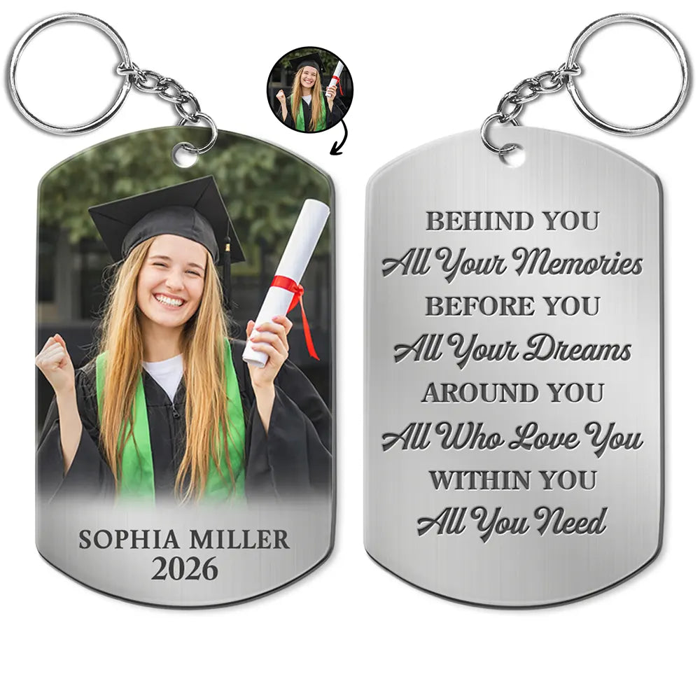 Gift For Yourself,Graduation,Gift For Women,Gift For Men,Gift For Daughter,Gift For Son,Gift For Bestie,Photo,Proud - Custom Photo Behind You All Memories Congrats Grad - Personalized Aluminum Keychain