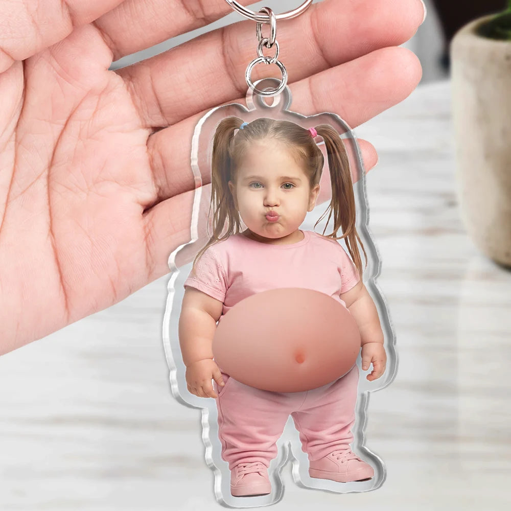 Custom Photo,Art Design,Family,Humorous,Photo - Belly Pose Figure - Custom Photo Belly Character Family Member And Pet - Personalized Squishy Acrylic Keychain