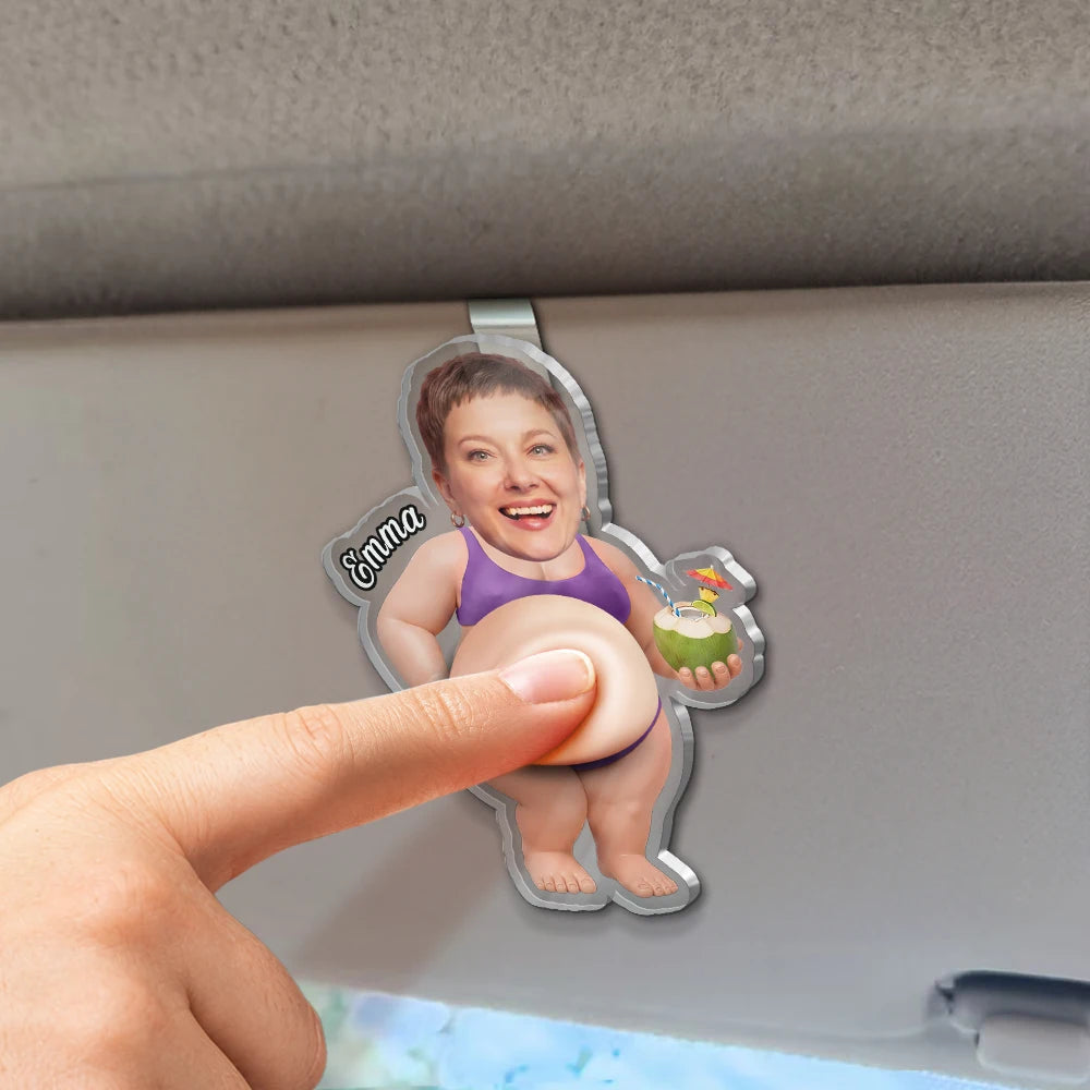 Gift For Father,Custom Photo,Summer,Humorous,Cut-Face Photo - Custom Photo Belly Out For Summer - Personalized Squishy Acrylic Car Visor Clip