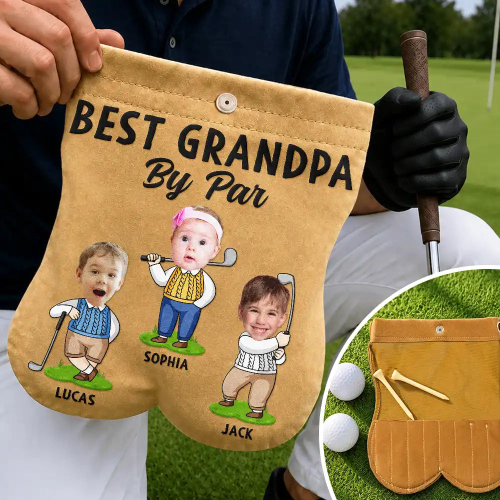 Gift For Father,Confident,Golf,Icon,Cut-Face Photo - Custom Photo Best Dad By Par Funny Kid - Personalized Golf Ball Sacks