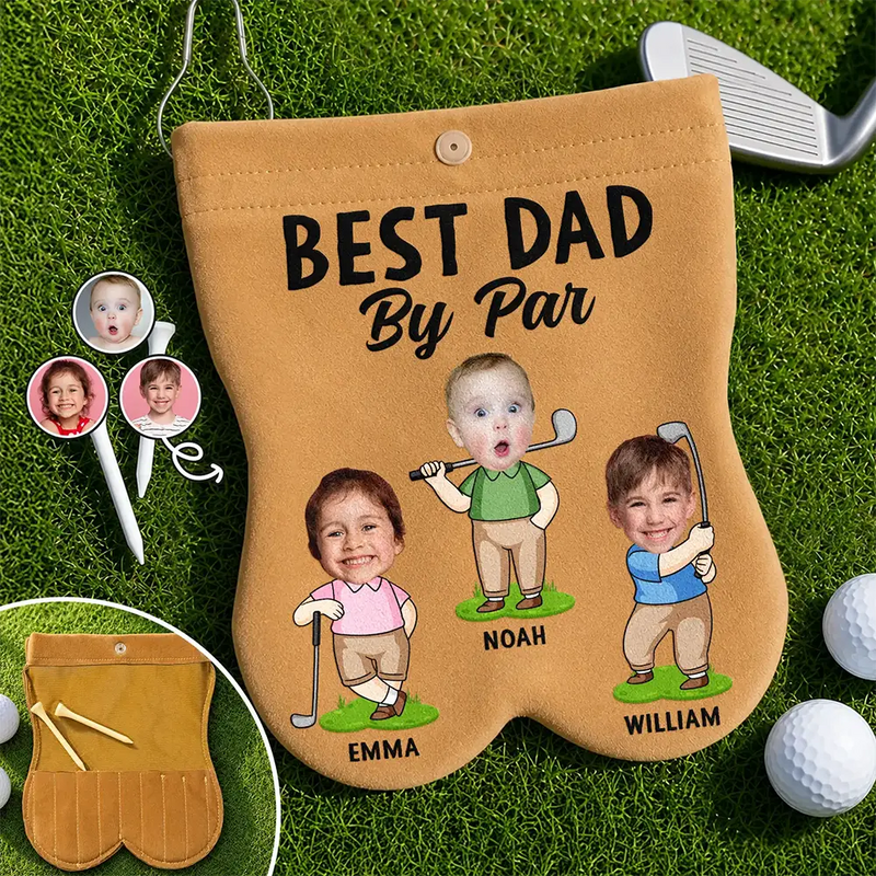 Gift For Father,Confident,Golf,Icon,Cut-Face Photo - Custom Photo Best Dad By Par Funny Kid - Personalized Golf Ball Sacks