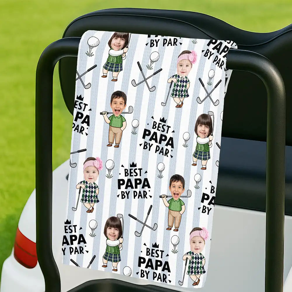 Gift For Father,Humorous,Custom Photo,Golf,Cut-Face Photo - Custom Photo Best Dad By Par Funny Kid Stripe - Personalized Golf Towel