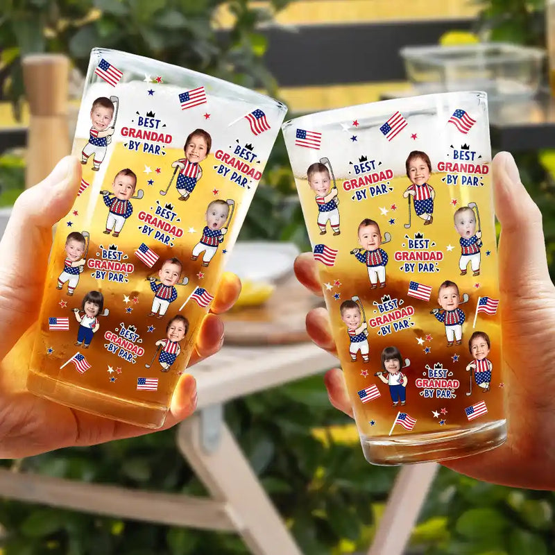 Custom Photo,Independence Day,Gift For Father,Sport Dad,Golf,Playful,Cut-Face Photo - Custom Photo Best Dad By Par Funny Kid US Flag - Personalized Beer Glass