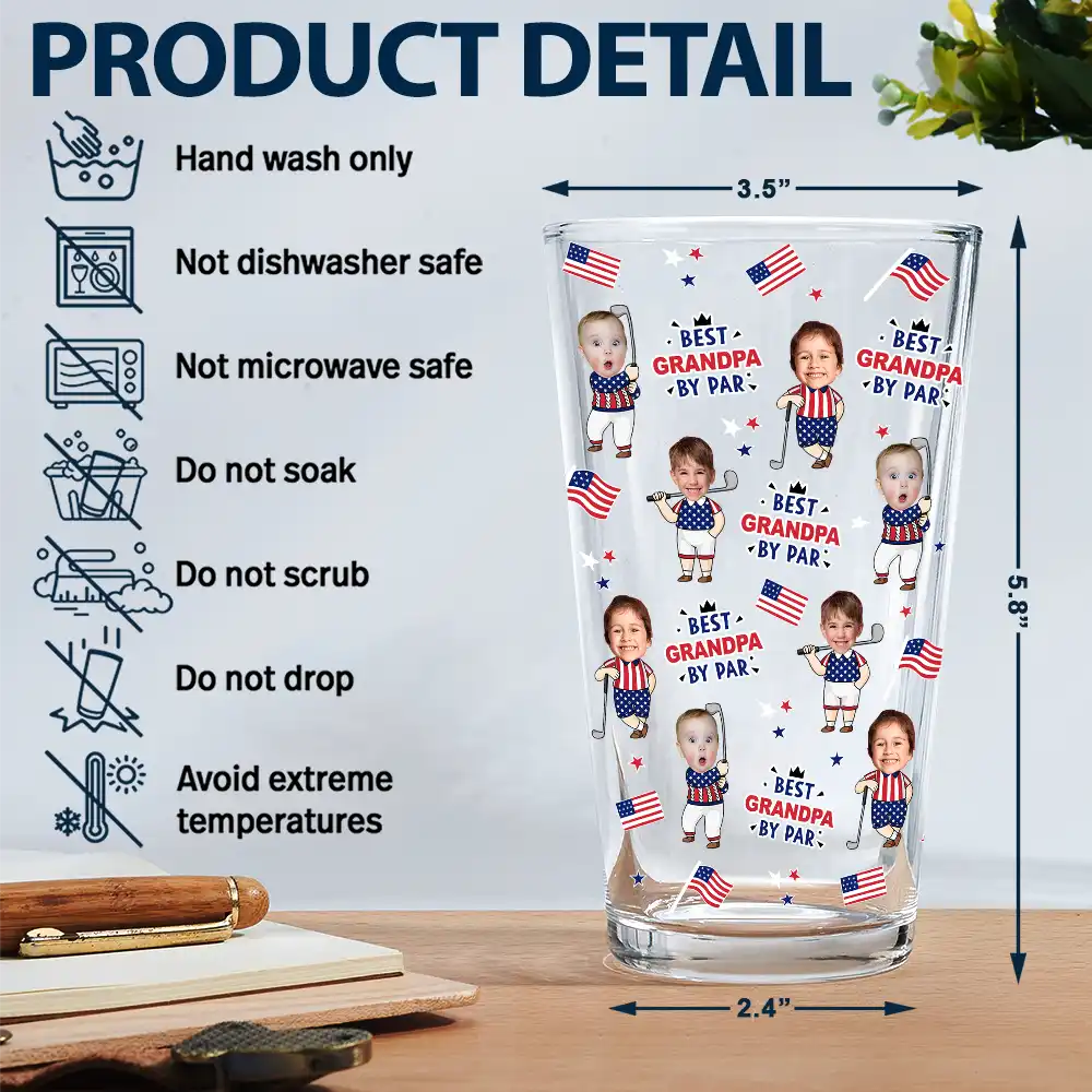 Custom Photo,Independence Day,Gift For Father,Sport Dad,Golf,Playful,Cut-Face Photo - Custom Photo Best Dad By Par Funny Kid US Flag - Personalized Beer Glass