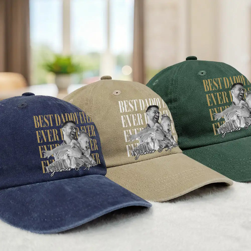 Gift For Father,Gift For Grandpa,Non-Eng,Photo,Proud - Custom Photo Best Dad Ever Ever Ever Vintage - Personalized Vintage Washed Denim Cap