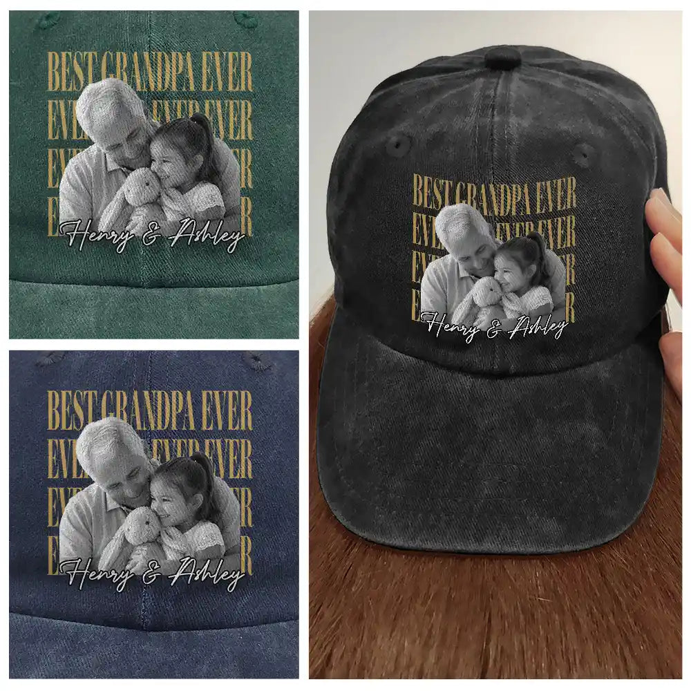 Gift For Father,Gift For Grandpa,Non-Eng,Photo,Proud - Custom Photo Best Dad Ever Ever Ever Vintage - Personalized Vintage Washed Denim Cap