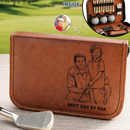 Custom Photo Best Dad Grandpa By Par For Golfers Pencil Sketch - Personalized Leather Golf Bag