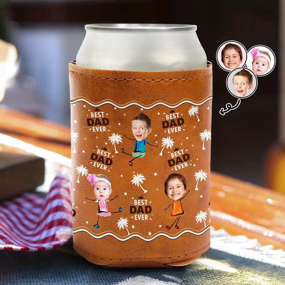 Custom Photo Best Dad Grandpa Ever - Personalized Leather Can Cooler