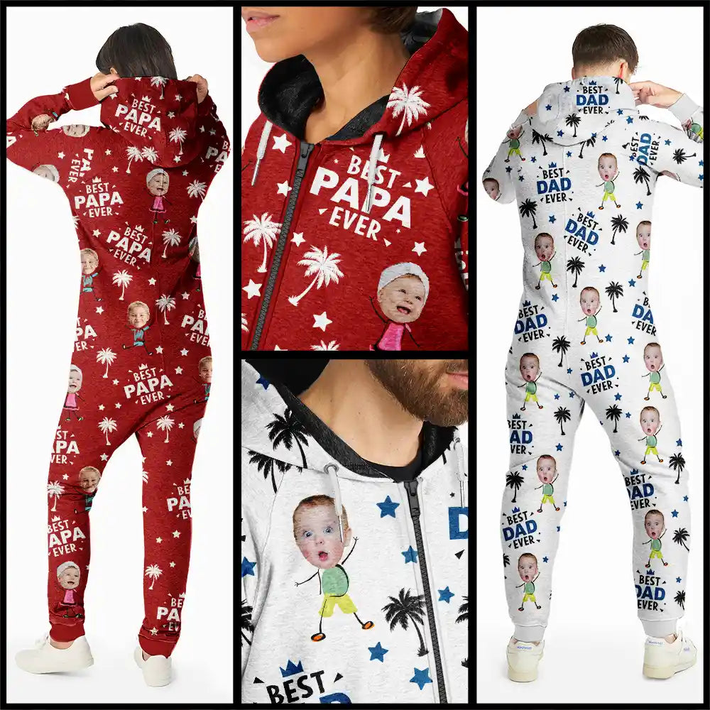 Gift For Grandpa,Gift For Father,Happy,Custom Photo - Custom Photo Best Dad Grandpa Ever - Personalized Overall Onesie Hooded Jumpsuit