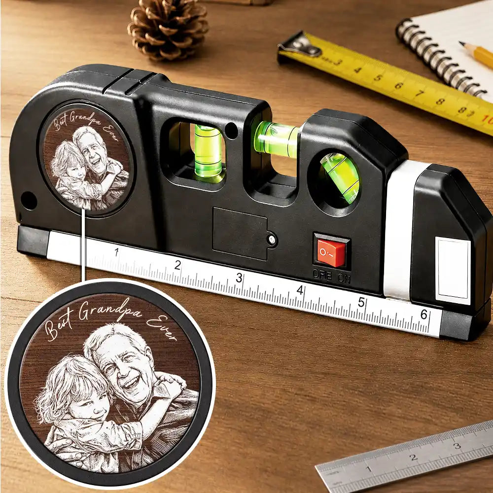 Gift For Men,Gift For Father,Gift For Boyfriend,Gift For Couples,Gift For Husband,Gift For Grandpa,Custom Photo,Non-Eng,Photo - Pencil Sketch,Adorable - Custom Photo Best Dad Grandpa Ever Pencil Sketch - Personalized Laser Level Tool