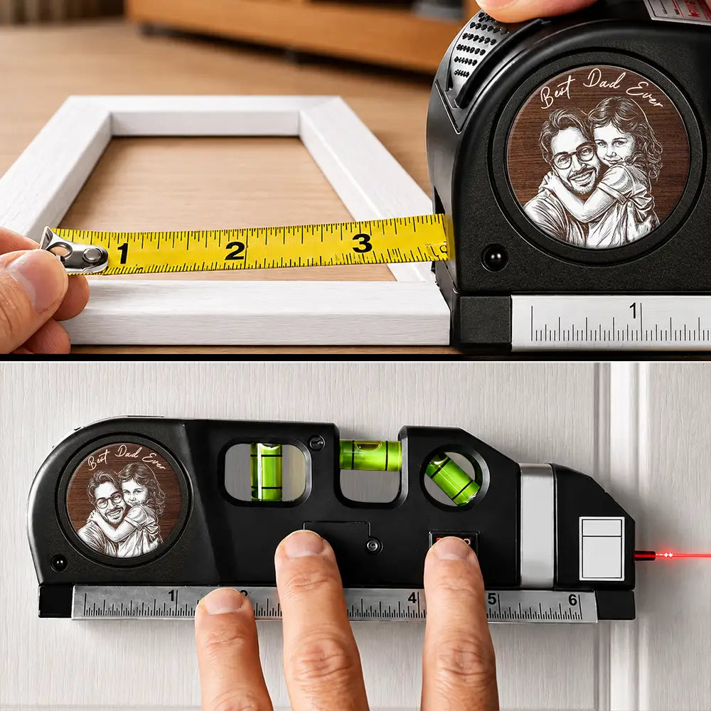 Gift For Men,Gift For Father,Gift For Boyfriend,Gift For Couples,Gift For Husband,Gift For Grandpa,Custom Photo,Non-Eng,Photo - Pencil Sketch,Adorable - Custom Photo Best Dad Grandpa Ever Pencil Sketch - Personalized Laser Level Tool