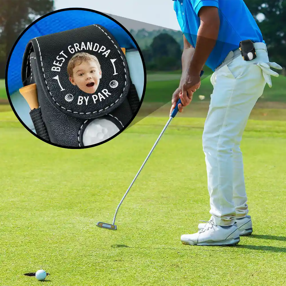 Gift For Husband, Gift For Men, Gift For Grandpa, Gift For Father, Sport Dad, Dad's Hobby, Grandpa's Hobby, Golf - Custom Photo Best Daddy By Par - Personalized Leather Golf Ball Holder