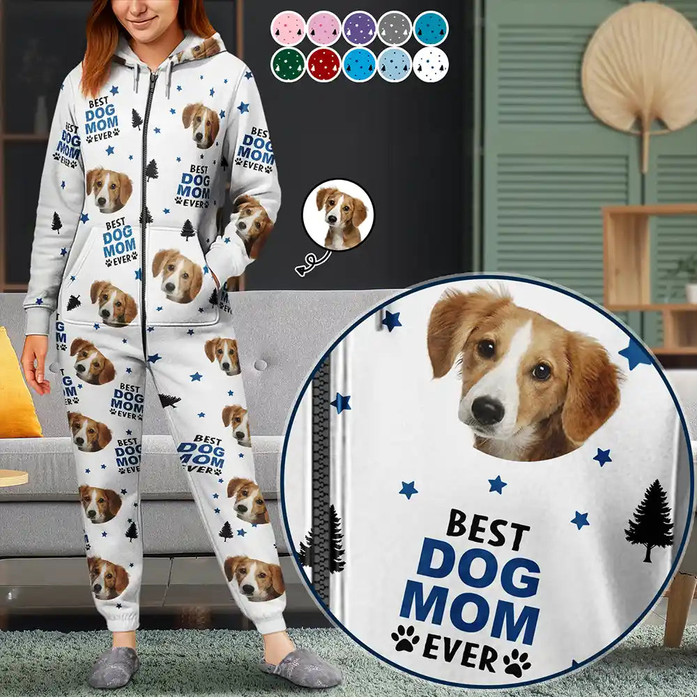 Pet Lovers, Custom Photo, Happy - Custom Photo Best Dog Cat Dad Mom Ever - Personalized Overall Onesie Hooded Jumpsuit