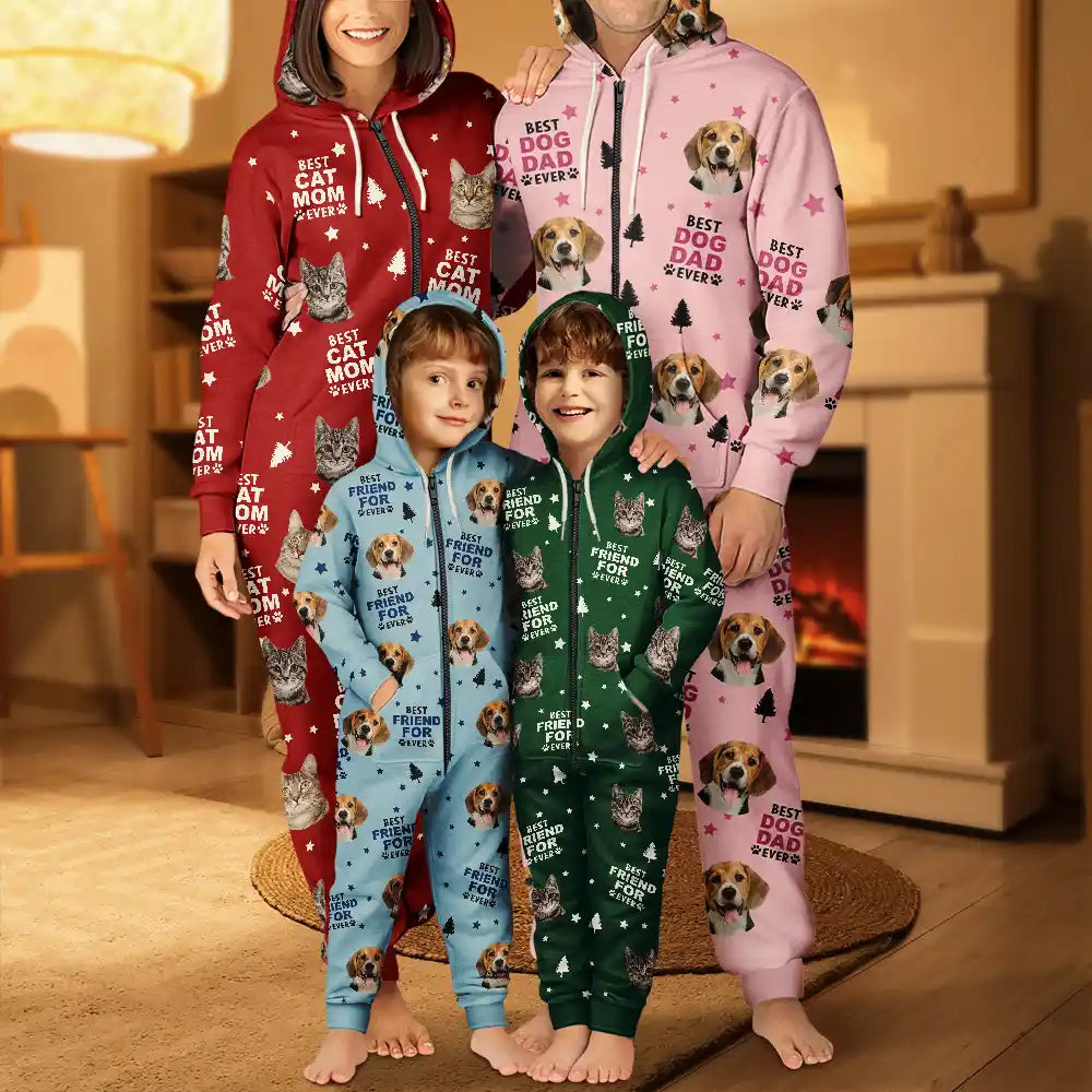 Pet Lovers, Custom Photo, Happy - Custom Photo Best Dog Cat Dad Mom Ever - Personalized Overall Onesie Hooded Jumpsuit