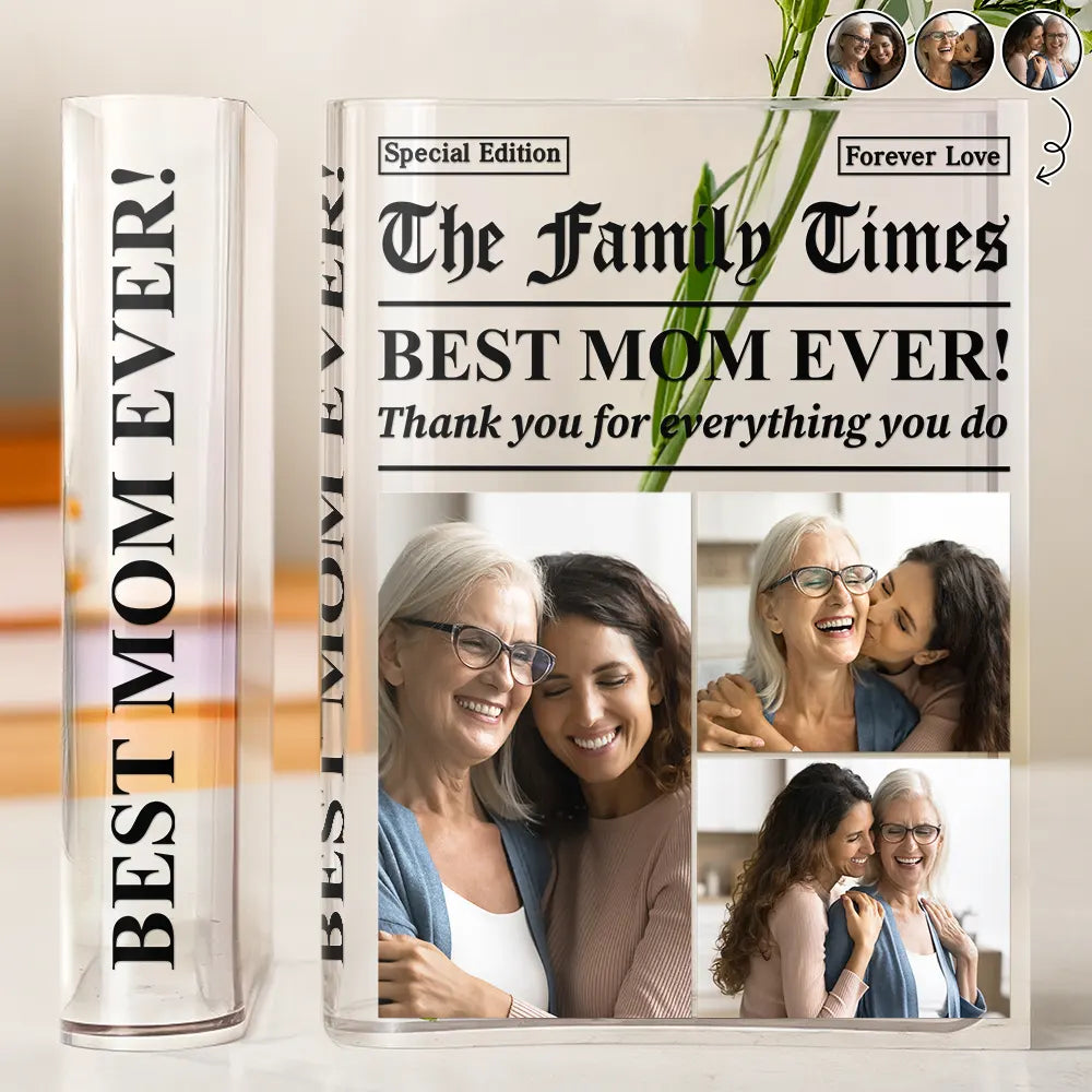 Custom Photo Best Mom Dad Ever Newspaper Theme - Personalized Acrylic Book Vase