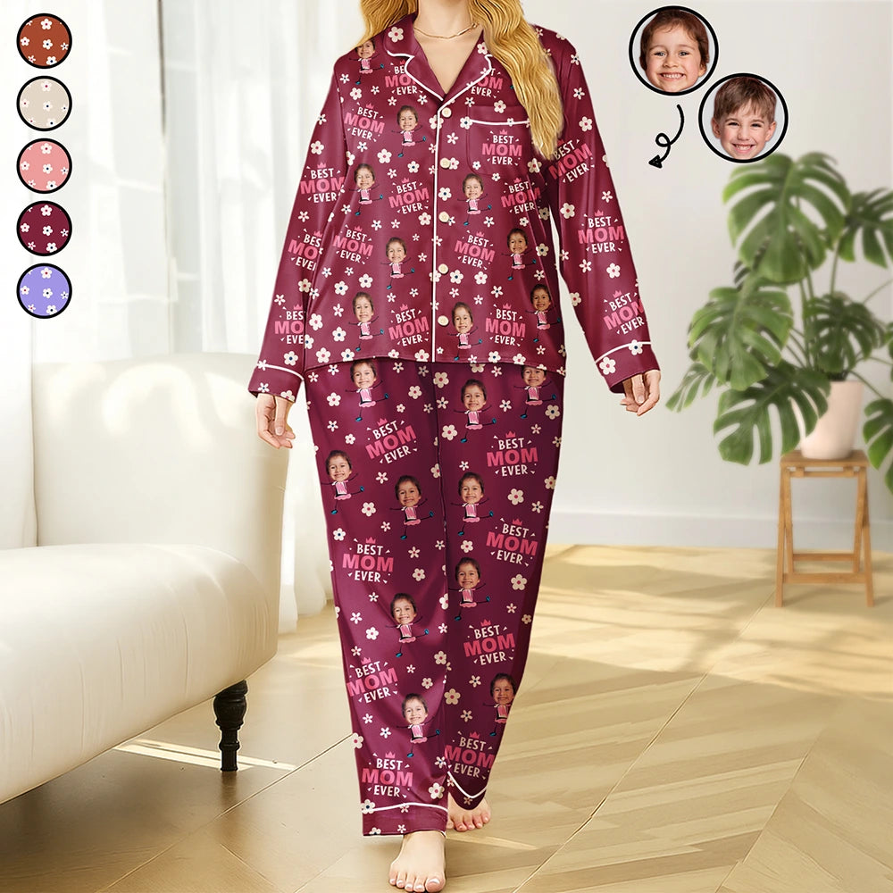 Happy,Gift For Grandma,Gift For Mother,Gift For Wife,Gift For Women,Gift For Yourself - Custom Photo Best Mom Grandma Ever Flower Pattern - Personalized Satin Pajama Set