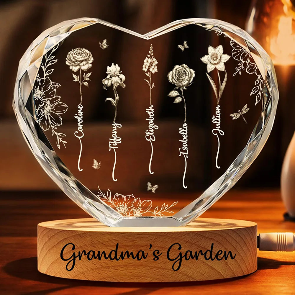 Gift For Grandma,Gift For Mother,Gift For Wife,Happy - Custom Photo Birth Flower Grandma's Garden - Personalized Crystal Heart Shaped Lamp