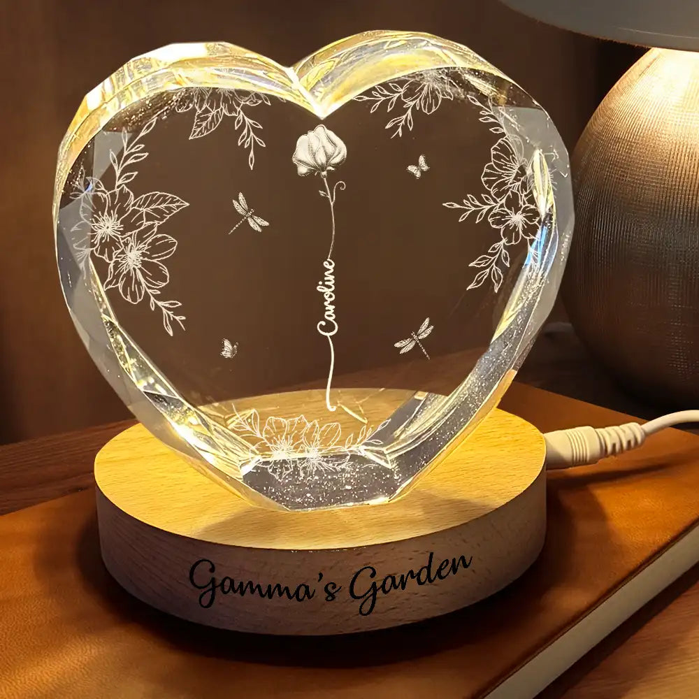 Gift For Grandma,Gift For Mother,Gift For Wife,Happy - Custom Photo Birth Flower Grandma's Garden - Personalized Crystal Heart Shaped Lamp